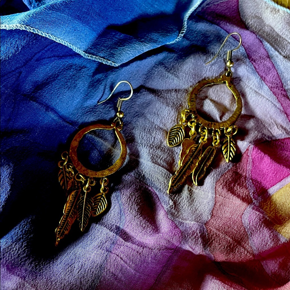 Gold Feather Dangle Earrings